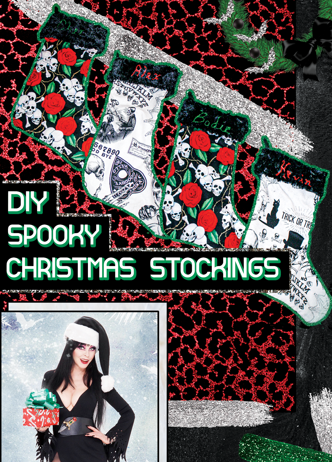 DIY goth Christmas stockings leopard print and skulls